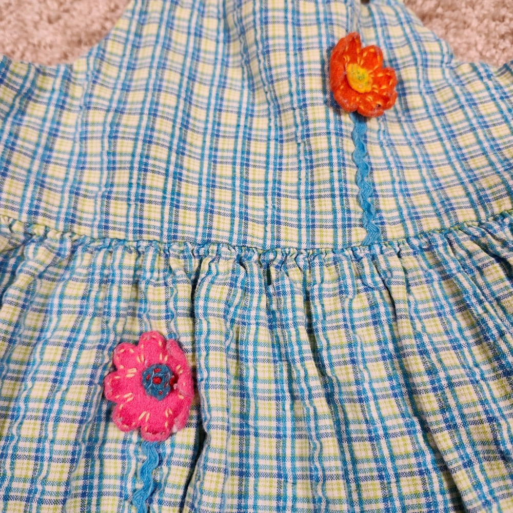 Sweet Potatoes Vintage Toddler Girls Blue Plaid Seersucker Flower Dress 3T USA - Picture 3 of 9